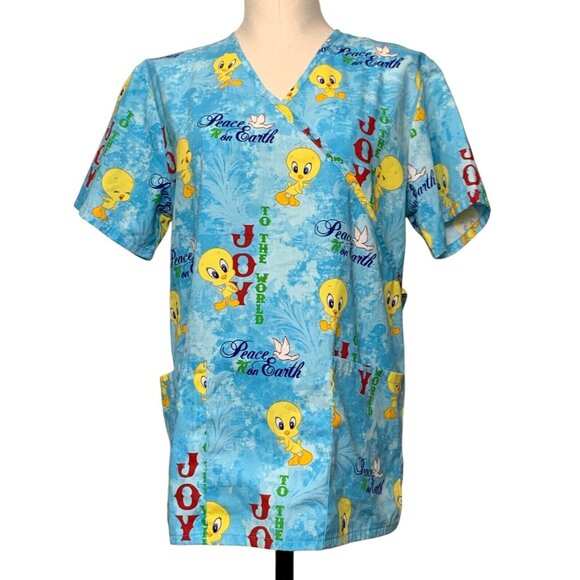 Looney Tunes Tops - Looney Tunes Tweety Christmas Scrub Top Size S Blue Cartoon Print V-Neck Holiday